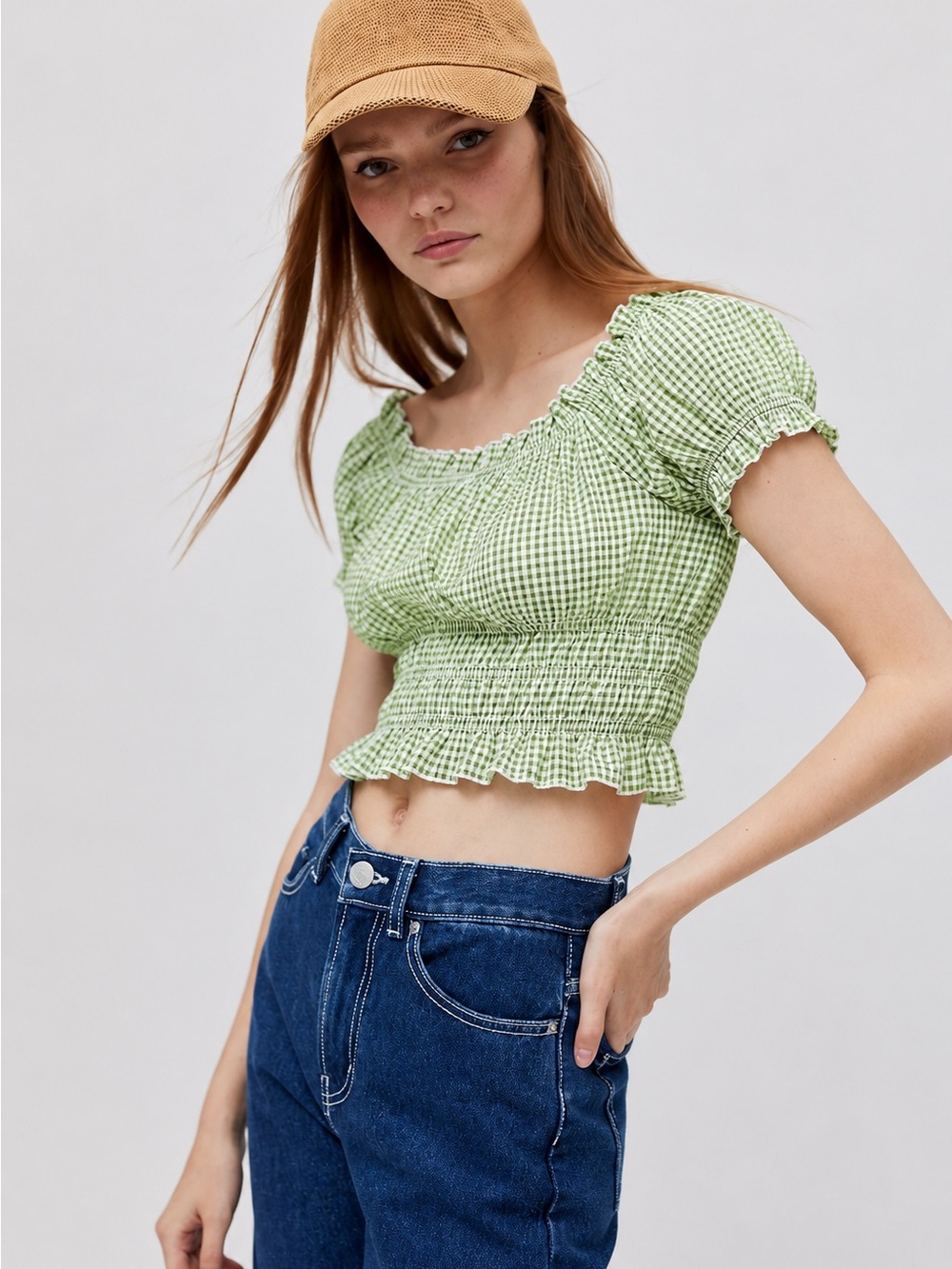 Lisa Says‎ Gah Marta Smocked Green & White Gingham Crop Top Large Festival - Picture 2 of 11